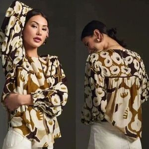 Blank London Miranda Floral Long-Sleeve Peasant Top - Olive/Beige medium